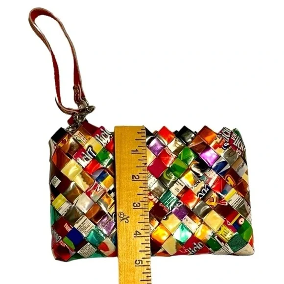 Nahui Ollin candy wrapper wristlet recycled colorful wrappers red zip 7.5 x 4.5” - Picture 6 of 7